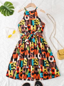 Girls Allover Letter Graphic Belted Halter Dress