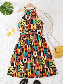 Girls Allover Letter Graphic Belted Halter Dress