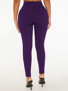 SHEIN PETITE High Waist Fake Button Skinny Trousers - Purple - View 2