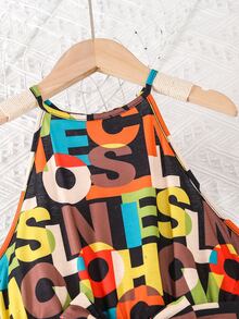 Girls Allover Letter Graphic Belted Halter Dress