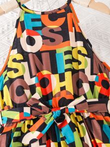 Girls Allover Letter Graphic Belted Halter Dress