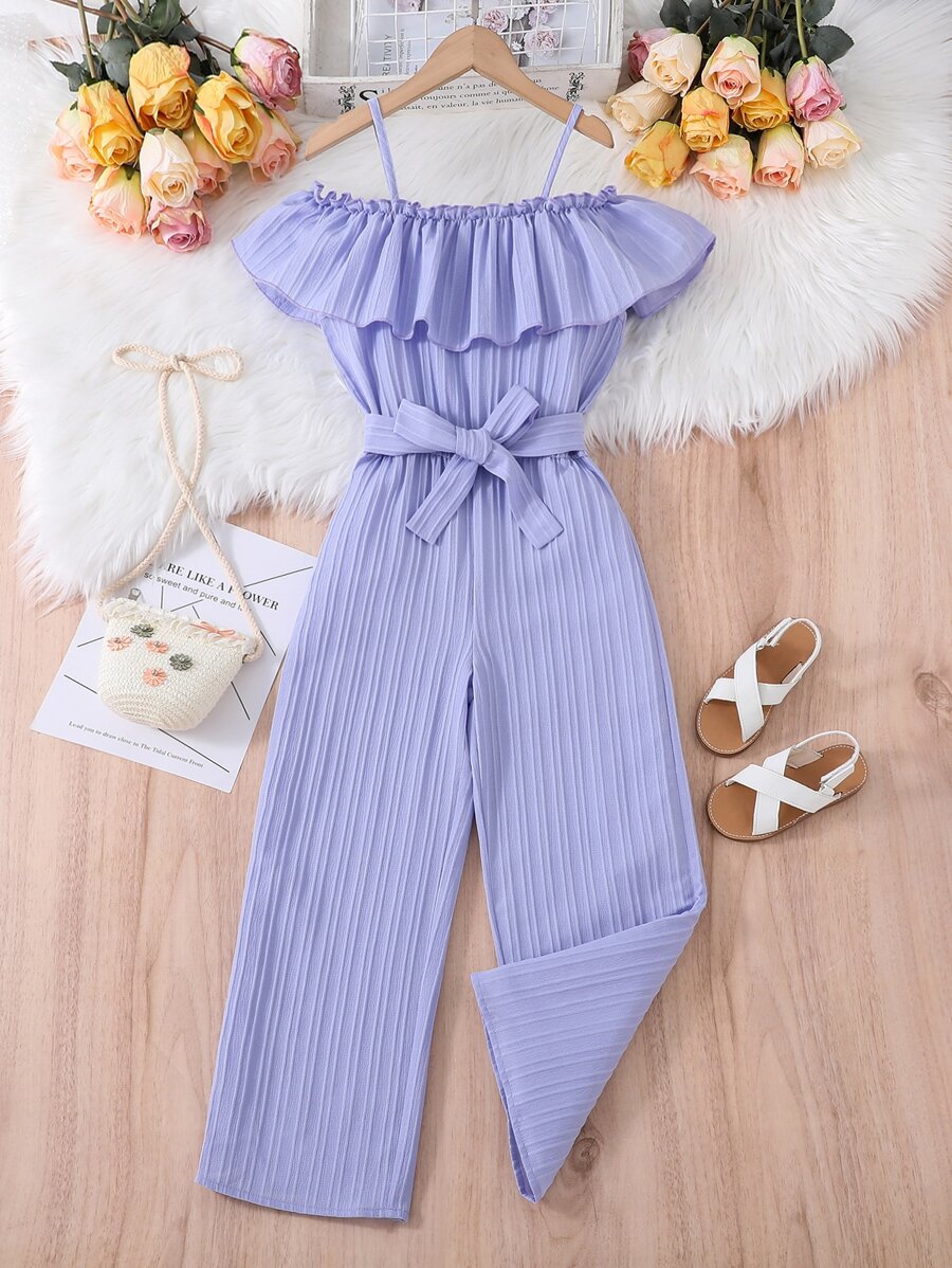 SHEIN 女孩荷葉邊挖肩腰帶連身褲 - 淡紫色 - 查看 1