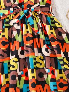 Girls Allover Letter Graphic Belted Halter Dress
