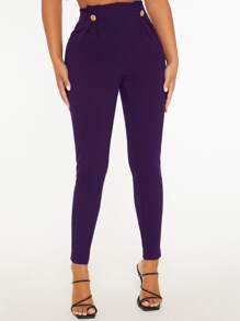 SHEIN PETITE High Waist Fake Button Skinny Trousers - Purple - View 5