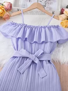 SHEIN 女孩荷葉邊挖肩腰帶連身褲 - 淡紫色 - 查看 4