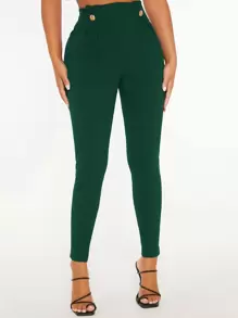 SHEIN PETITE 高腰假纽扣紧身裤