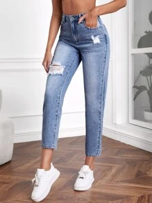 SHEIN Tall Jeans ajustados mom desgarro - Lavado ligero - Ver 4