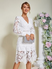 Eilly Bazar Vestido con encaje bajo con fruncido - Blanco - Ver 3