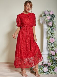 Eilly Bazar Puff Sleeve Lace Overlay A-line Dress - Red - View 1