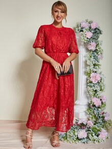 Eilly Bazar Puff Sleeve Lace Overlay A-line Dress - Red - View 6