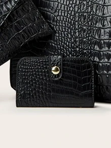 3入組時尚大容量復古動物印花休閒簡約多功能卡片套錢包三件套實用且具有成本效益，適用於辦公室職員、大學生、購物等。 - 黑色 - 查看 5