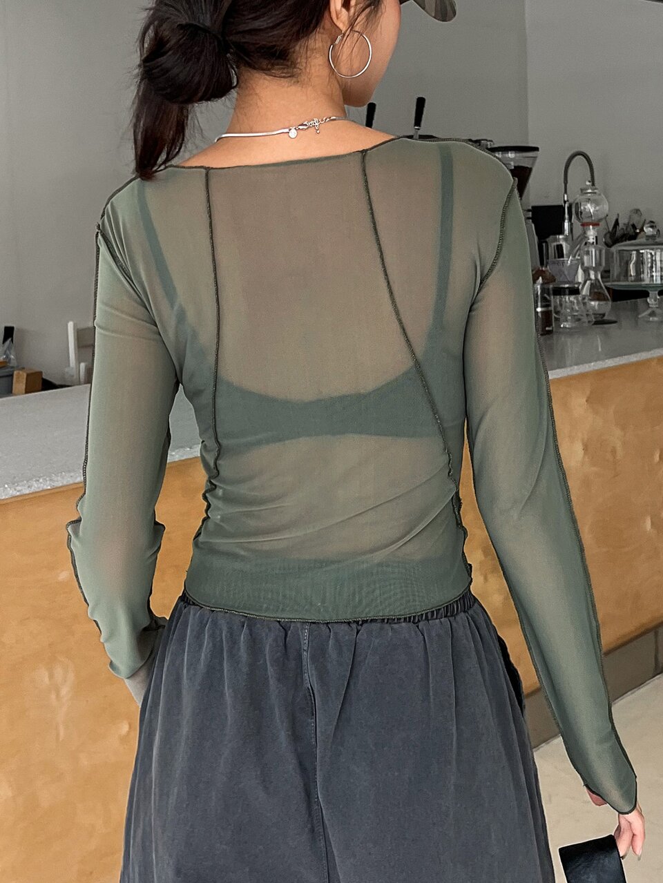 Top-Stitching Sheer Top Without Bra,Fall Women Clothes