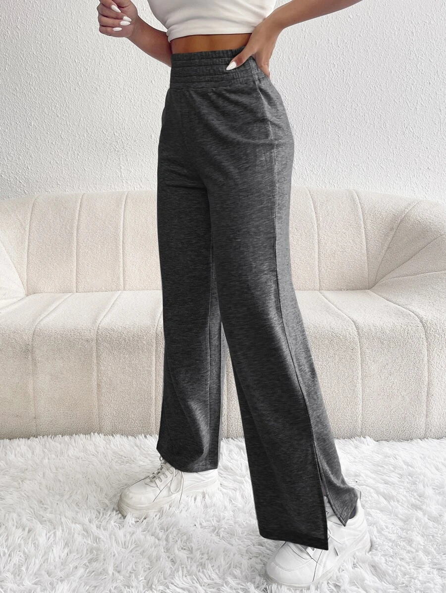 SHEIN PETITE 素色下擺開叉闊腿褲 - 深灰色 - 查看 1