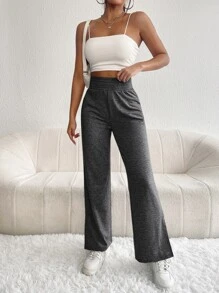 SHEIN PETITE 素色下擺開叉闊腿褲 - 深灰色 - 查看 3