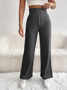 SHEIN PETITE 素色下擺開叉闊腿褲 - 深灰色 - 查看 5