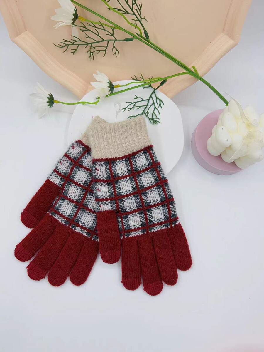 Guantes con patrón de cuadros - Rojo - Ver 1