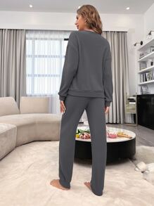 蕾絲拼接華夫格編織睡衣套裝 - 深灰色 - 查看 2