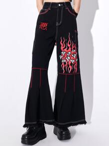 ROMWE Anime Eye & Fire Print Raw Hem Wide Leg Jeans - Black - View 1