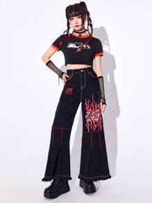 ROMWE Anime Eye & Fire Print Raw Hem Wide Leg Jeans - Black - View 2