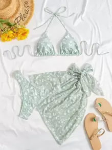 Swim Mod Summer Beach Ditsy Floral Bikini Set Halter Triangle Bra & Bikini & Tie Side Beach Skirt 3 Piece Swimwear - Mint Green - View 1