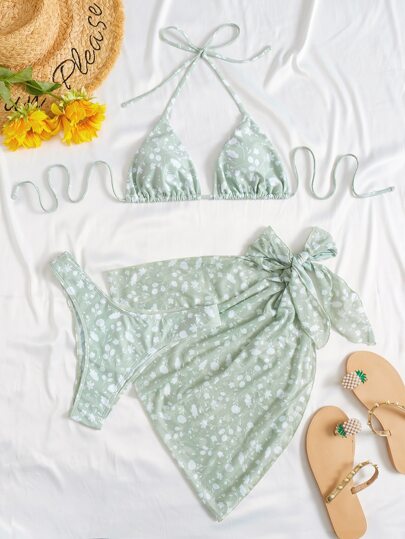 Summer Beach Ditsy Floral Bikini Set Halter Triangle Bra & Bikini & Tie Side Beach Skirt 3 Piece Swimwear
