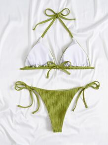 SHEIN Swim 夏季海灘露脊微三角領帶比基尼套裝 - 橄欖綠 - 查看 2