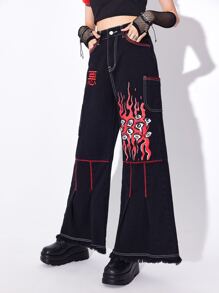 ROMWE Anime Eye & Fire Print Raw Hem Wide Leg Jeans - Black - View 6