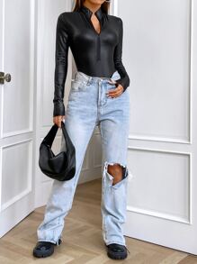 SHEIN ICON Black PU Half Zip Slim Fit Bodysuit For Autumn - Black - View 4