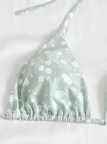 Swim Mod Summer Beach Ditsy Floral Bikini Set Halter Triangle Bra & Bikini & Tie Side Beach Skirt 3 Piece Swimwear - Mint Green - View 4