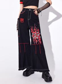 ROMWE Anime Eye & Fire Print Raw Hem Wide Leg Jeans - Black - View 9
