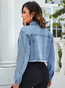 EMERY ROSE 翻蓋細節毛邊短款牛仔夾克 - 中等水洗藍 - 查看 2