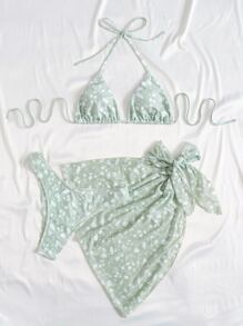 Swim Mod Summer Beach Ditsy Floral Bikini Set Halter Triangle Bra & Bikini & Tie Side Beach Skirt 3 Piece Swimwear - Mint Green - View 5