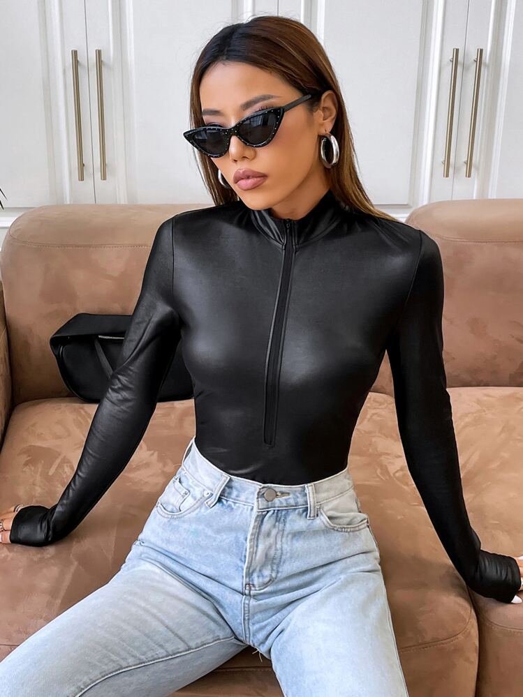 SHEIN ICON Bộ đồ liền thân nửa khóa kéo PU màu đen vừa vặn cho mùa thu - màu đen - Xem 5