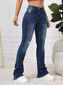 SHEIN EZwear Bleach Wash Flare Leg Jeans - Dark Wash - View 4