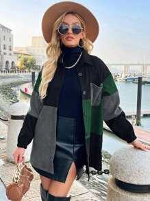 SHEIN LUNE Cut And Sew Drop Shoulder Corduroy Coat - Green - View 1