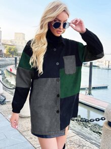 SHEIN LUNE Cut And Sew Drop Shoulder Corduroy Coat - Green - View 4