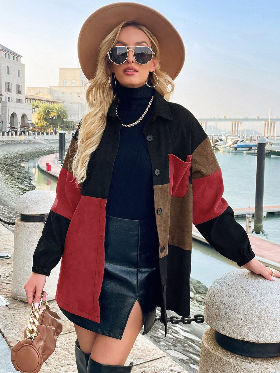 SHEIN LUNE Cut And Sew Drop Shoulder Corduroy Coat - Multicolor - View 1