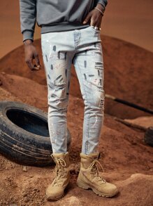 ROMWE MEN Guys Paint Drip Print Ripped Jeans - Light Wash - View 1