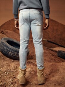 ROMWE MEN Guys Paint Drip Print Ripped Jeans - Light Wash - View 2