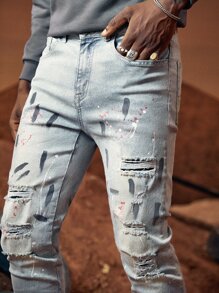 ROMWE MEN Guys Paint Drip Print Ripped Jeans - Light Wash - View 3