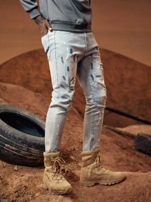 ROMWE MEN Guys Paint Drip Print Ripped Jeans - Light Wash - View 5