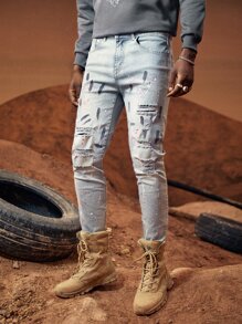 ROMWE MEN Guys Paint Drip Print Ripped Jeans - Light Wash - View 6