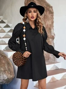 SHEIN Essnce Solid Button Front Shirred Lantern Sleeve Shirt Dress - Black - View 1