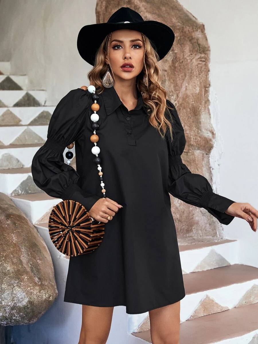 SHEIN Essnce Solid Button Front Shirred Lantern Sleeve Shirt Dress - Black - View 1