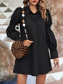 SHEIN Essnce Solid Button Front Shirred Lantern Sleeve Shirt Dress - Black - View 4