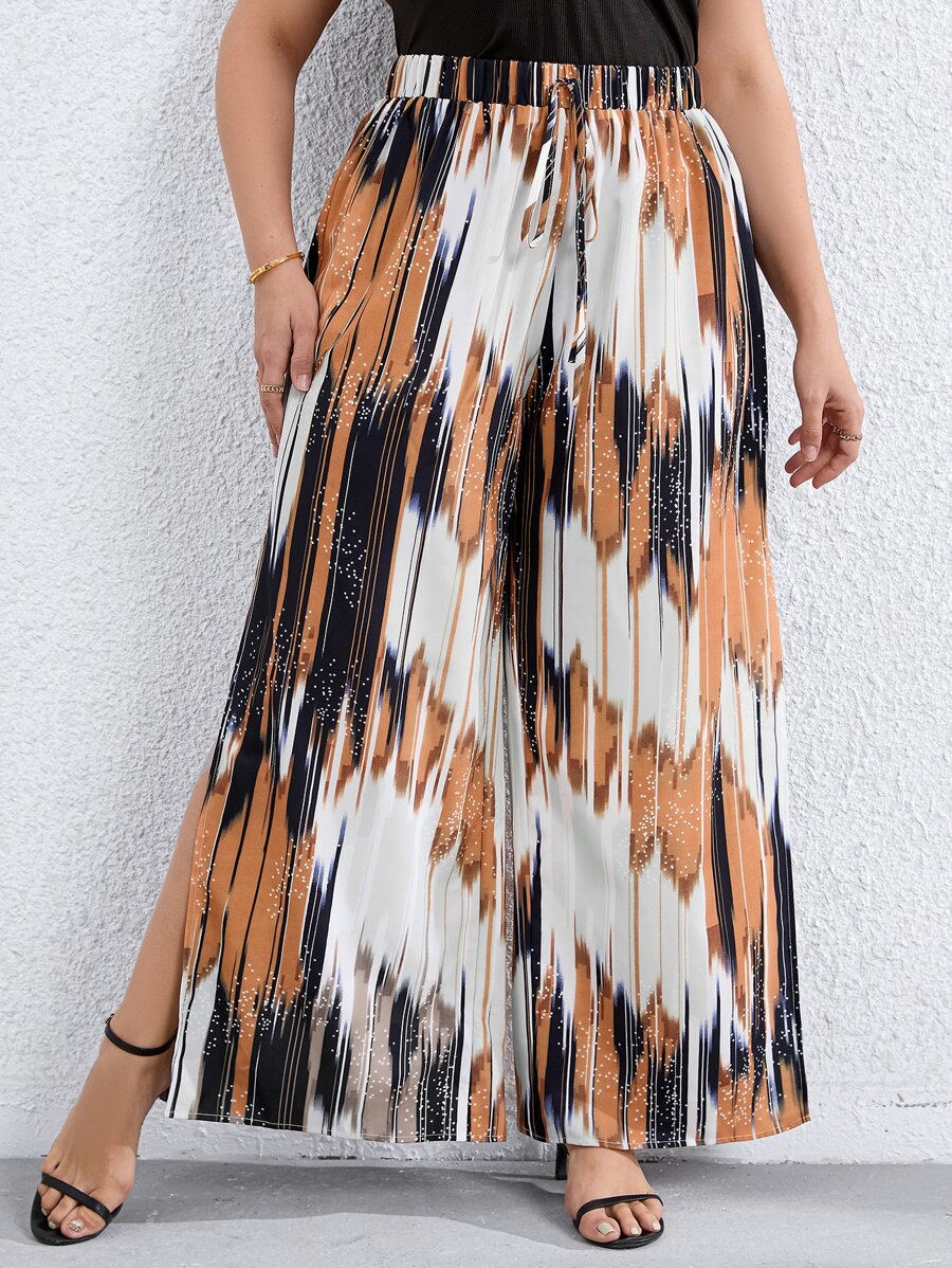 SHEIN LUNE Pantalones de pierna ancha con estampado de cintura con cordón de muslo con abertura