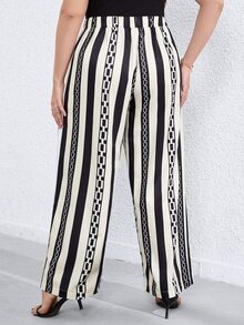 SHEIN LUNE Pantalones de pierna ancha con estampado geométrico de rayas - Blanco y Negro - Ver 2