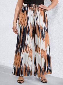 SHEIN LUNE Pantalones de pierna ancha con estampado de cintura con cordón de muslo con abertura