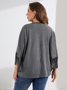 Calvaya Plus Fringe Trim Dolman Sleeve Tee - Dark Grey - View 2