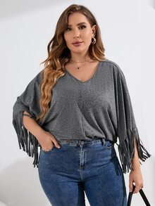 Calvaya Plus Fringe Trim Dolman Sleeve Tee - Dark Grey - View 3